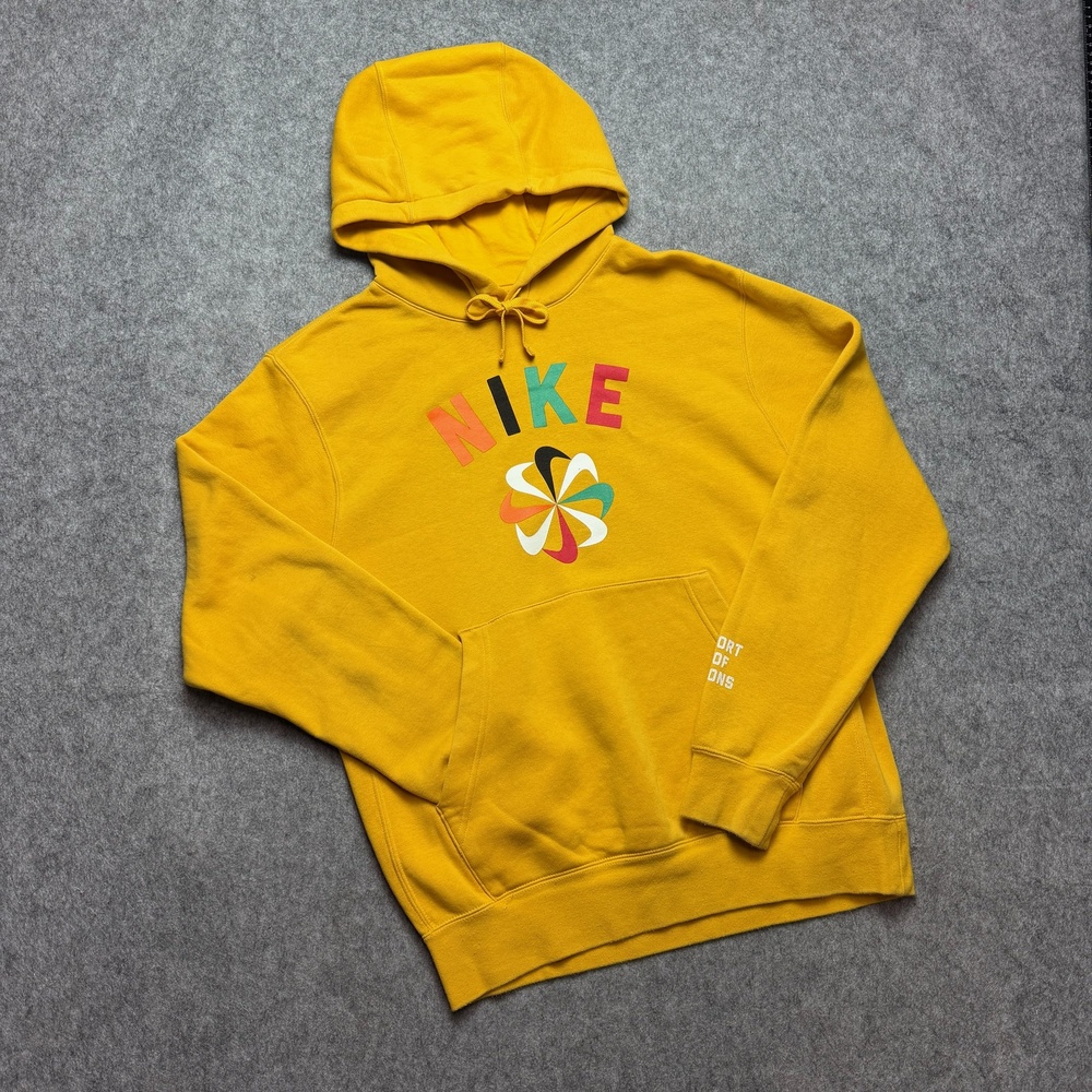 Nike Hoodie Mens Large Yellow Multicolor Logo Graphic Pullover Fleece Sweatshirt